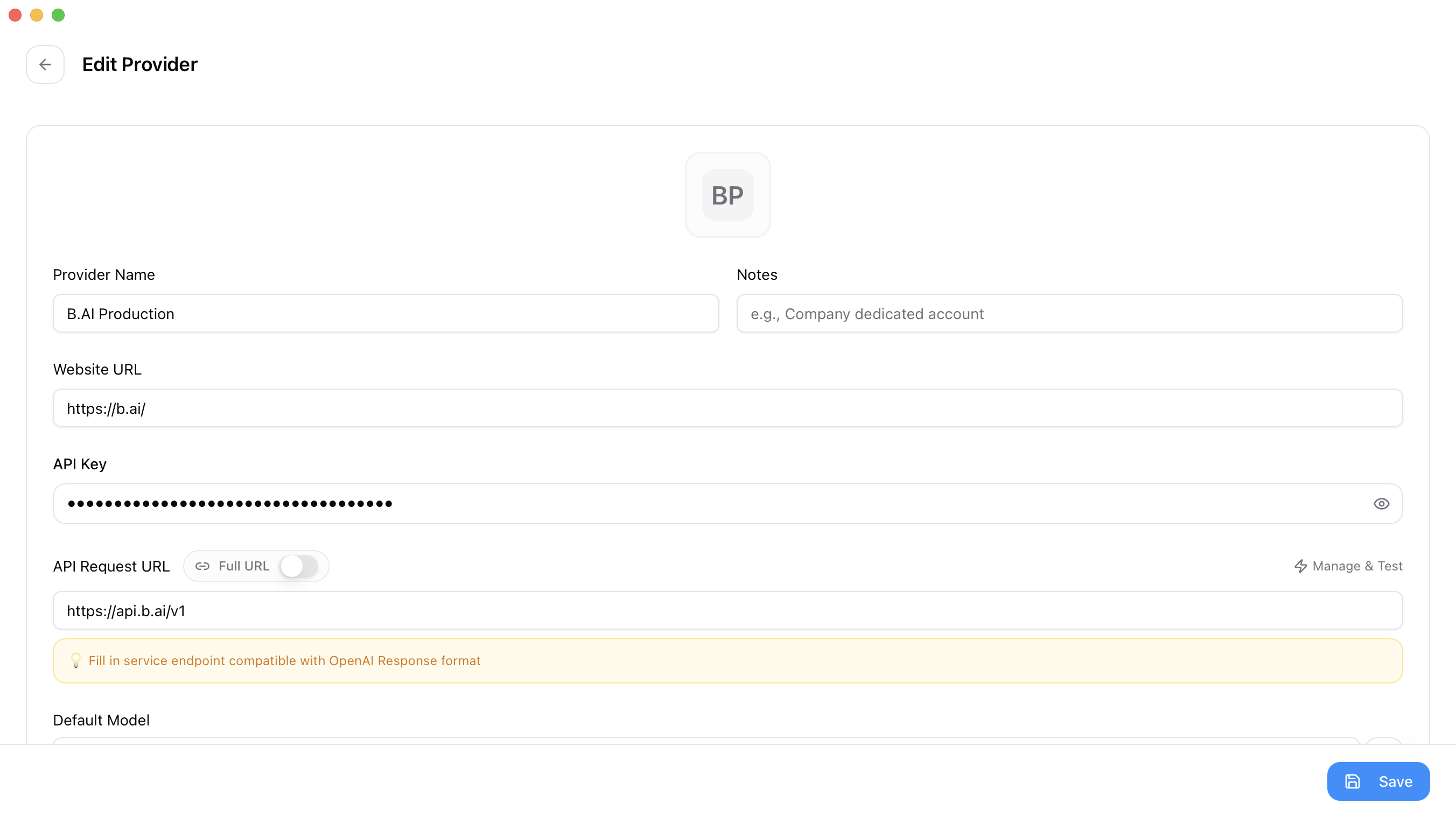 Enter the B.AI production provider settings